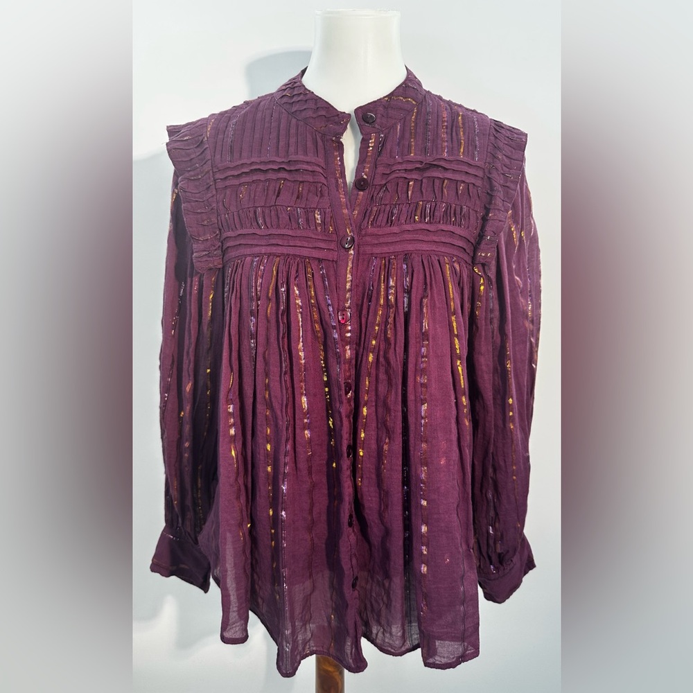 Farm Rio Burgundy Pleated Yoke Metallic Stripe Long Sleeve Button Blouse XS - Picture 6 of 11